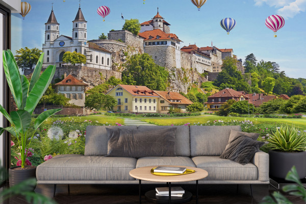 Фотошпалери 3D старовинне місто і повітряні кулі