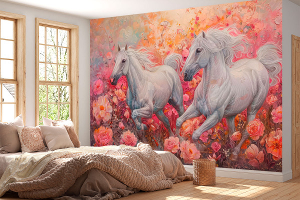 Фотошпалери 3D Малюнок коня в квітах з текстурою