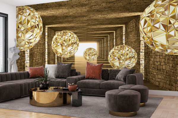 Фотошпалери 3D Цегляний тунель із золотими кулями