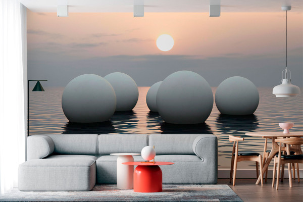 Фотошпалери Білі кулі, що пливуть морем у променях заходу сонця