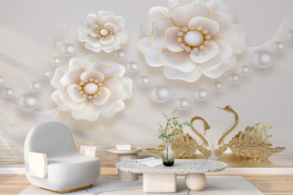 Фотошпалери 3D Ніжні квіти та лебеді