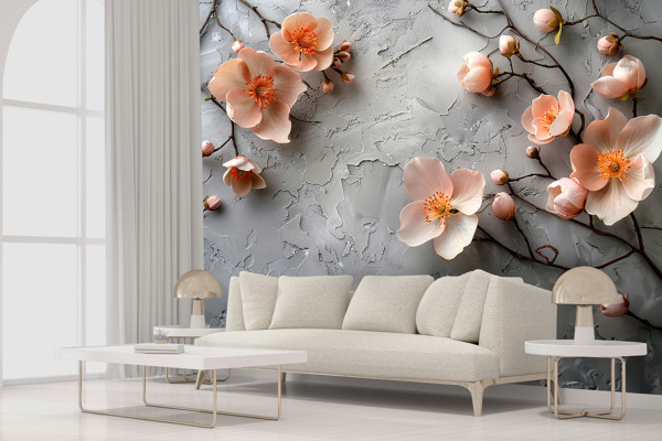 Фотошпалери 3D Ніжні квіти на тлі лофт-стіни