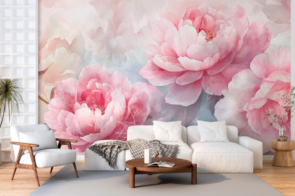 Фотошпалери Ніжні півонії пастельних тонів у супроводі пишного листя