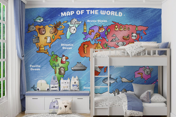 Фотошпалери дитячі Дитяча карта світу з тваринами