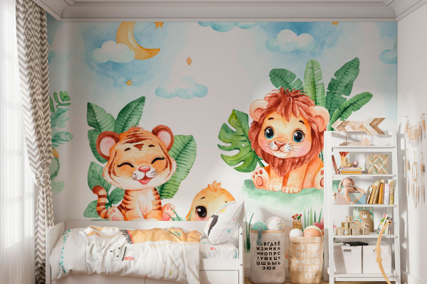 Фотошпалери дитячі Тигреня, левеня та курчатко