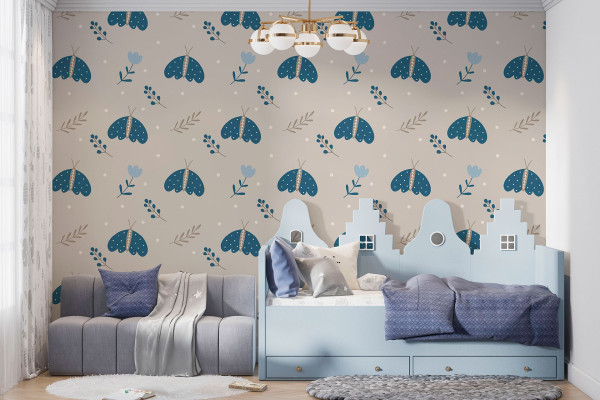 Фотошпалери Сині метелики з квітами на ніжному тлі