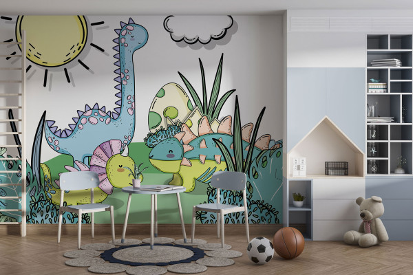Фотошпалери дитячі Симпатичні динозаврики на галявині