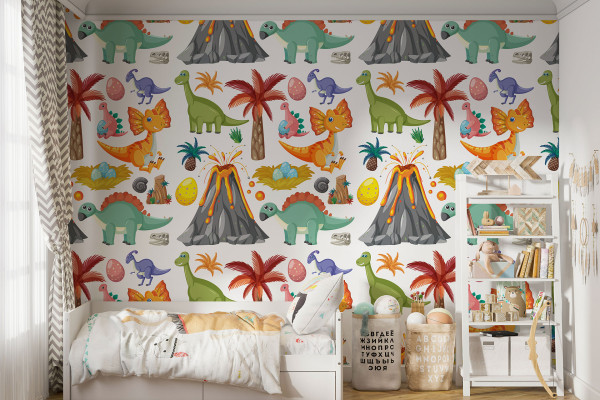 Фотошпалери дитячі Яскраві динозаврики та вулкани