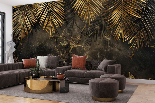 Фотошпалери Пальмові гілки на мармуровому тлі. Модний креативний дизайн