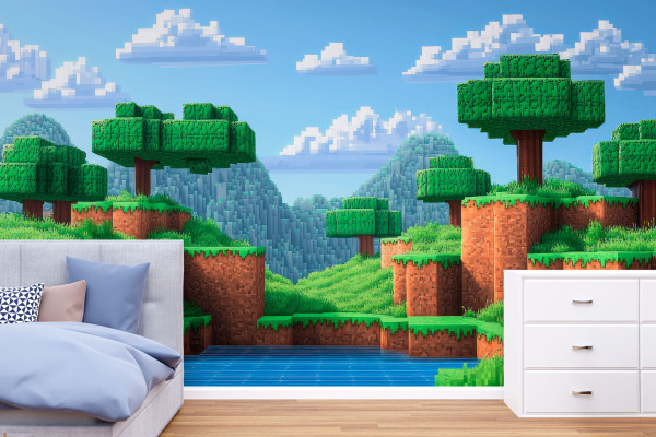 Фотошпалери Піксельні дерева на тлі піксельних гір і хмар