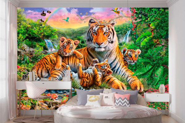 Фотошпалери Тигр з тигренятами на відпочинку