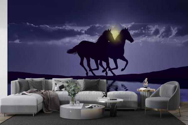Фотошпалери Силует пари коней, що біжать, на заході сонця