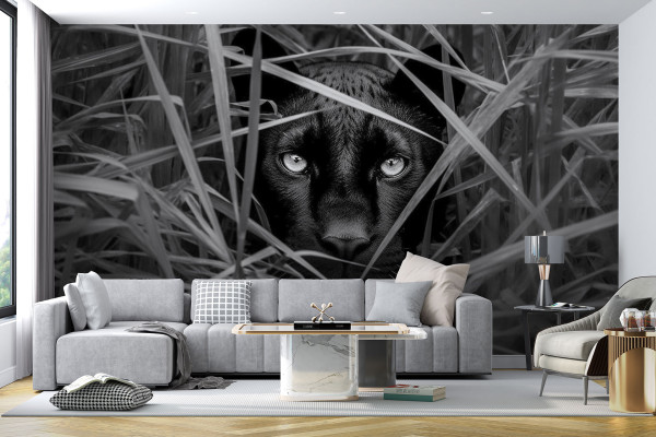 Фотошпалери Пантера в траві, монохромне виконання